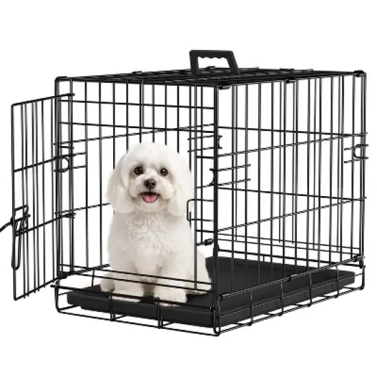 FDW Dog Crate for Small Dogs 18 Inch Folding Metal Wire Pet Cage Double Door W/Divider Panel Indoor Outdoor Kennel Leak-Proof Plastic Tray, Black image {7}