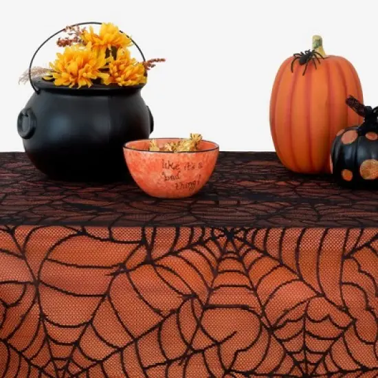 Elrene Crawling Halloween Spider Lace Lined Tablecloth - Black/Orange - Elrene Home Fashions image {1}