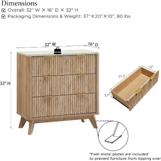 32" Tall Fluted Nightstand, Modern Side Table with Faux Marble Top, 3 Drawers End Table w/Storage, Bedside Table for Bedroom, Living Room image {2}