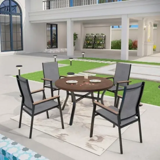 Captiva Designs 5pc Patio Dining Set Steel Frame Table with Umbrella Hole & Gray Textilene Chairs with Wood-like Armrests image {15}