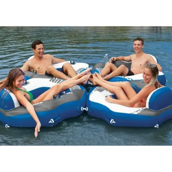 Intex River Run Single Person Inflatable Connecting Floating Lounge Tube Backrest Chair with Built-In Cupholders and Mesh Bottom, Blue image {4}