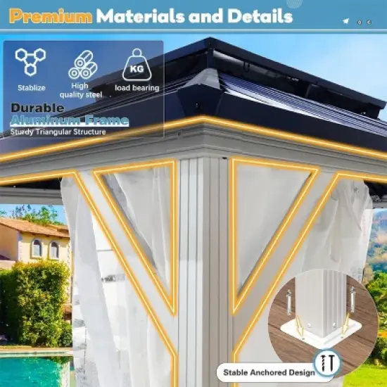 EROMMY 10' X 12' Hardtop Gazebo with Galvanized Steel Roof, All-Season Aluminum Outdoor Pergola with Netting & Curtains image {8}