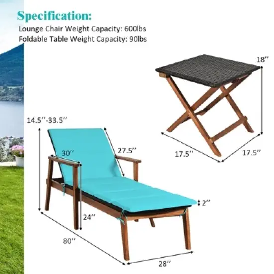 Costway 3PCS Patio Rattan Lounge Chair Folding Table Set Chaise Wood Cushioned White\Turquoise image {2}