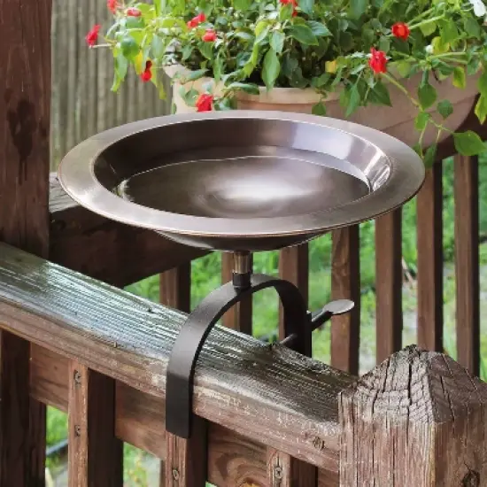8.5" Classic II Over Rail Birdbath, Antique Copper, Weather-Resistant Wrought Iron Bracket - Achla Designs: No-Drill Clamp, Porch/Balcony Use image {1}