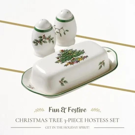 Spode Christmas Tree 3-Piece Hostess Set - Butter Dish with Lid, Salt Shaker, Pepper Shaker  - Dishwasher Safe Collectible Gift Set image {1}