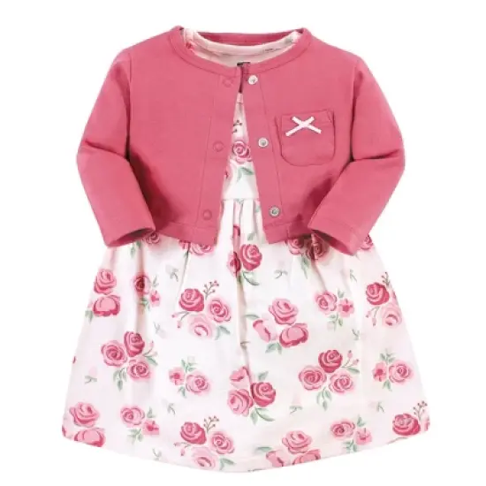 Hudson Baby Infant and Toddler Girl Cotton Dress and Cardigan Set, Blush Rose image {14}