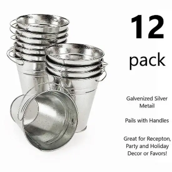 Fun Express Metal Large Galvanized Pails-5" x 4.5" Silver  Pack of 12  Buckets, 4 1/2" diam. x 5" image {4}