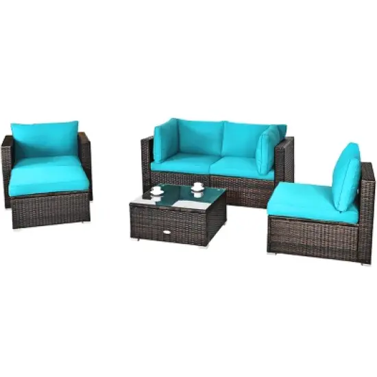 Tangkula 6PCS Rattan Patio Furniture Set Cushioned Sofa Chair Ottoman Turquoise/Red/Navy/Black/White image {11}
