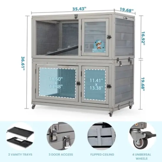AZL1 Life Concept Pet Crates and Houses Weatherproof Rabbit House, Indoor Outdoor Wooden 2 Story Rabbit Hutch, Pet House, Grey, 19.68"*35.43"*36.61" image {2}