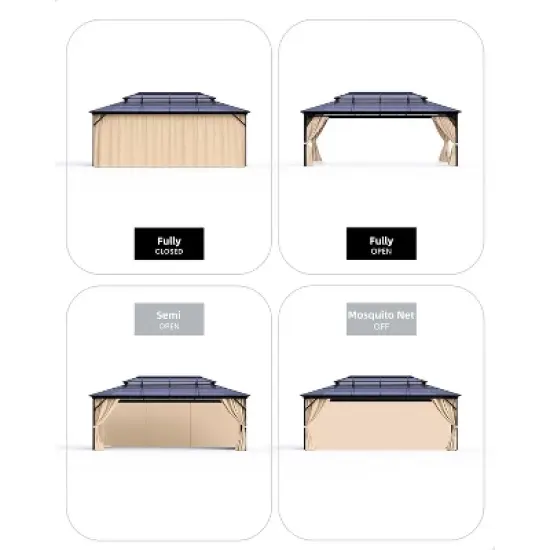 12'x16' Hardtop Gazebo, Outdoor Polycarbonate Double Roof Canopy, Aluminum Frame Pergola with Curtains and Netting for Garden, Patio, Lawns, Khaki image {3}