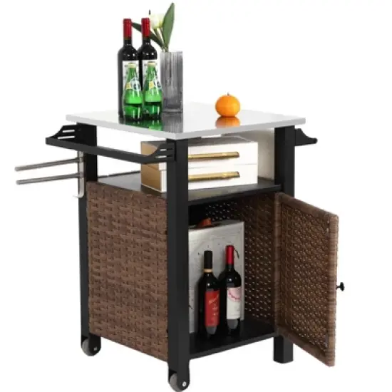Outdoor Kitchen Wicker Island Rolling Cart & Storage Cabinet, Wheels and Stainless Steel Extended Table Top Brown image {11}