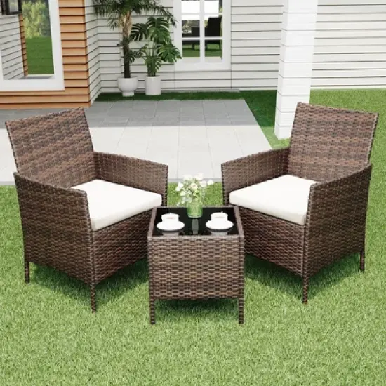 Patio Furniture Set 3 Pieces,Outdoor Patio Conversation Sets, PE Rattan Wicker Furniture Sets with 2 Chairs image {12}