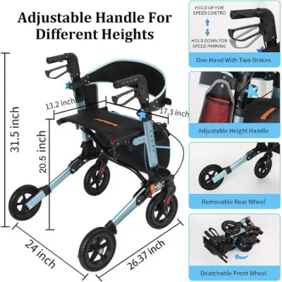 KTMBDW Foldable Rollator Walkers with Seat for Seniors, Adjustable Height, Lightweight Rolling Walker image {6}