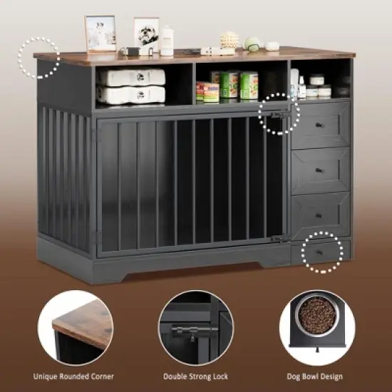 48'' Dog Crate Furniture, Farmhouse Dog Kennel Furniture with Dog Bowl & Storage Drawers image {3}