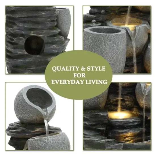 LuxenHome 30" Garden Water Fountain, 4 Tiers Cascading Pots & Rock Cascading Waterfall Fountain Outdoor with LED Lights Gray image {7}