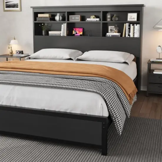 King Size Bed Frame with Bookcase Headboard, King Platform Bed with 2-tier Storage & Charging Station, No Box Spring Needed Easy Assemble，Black image {2}