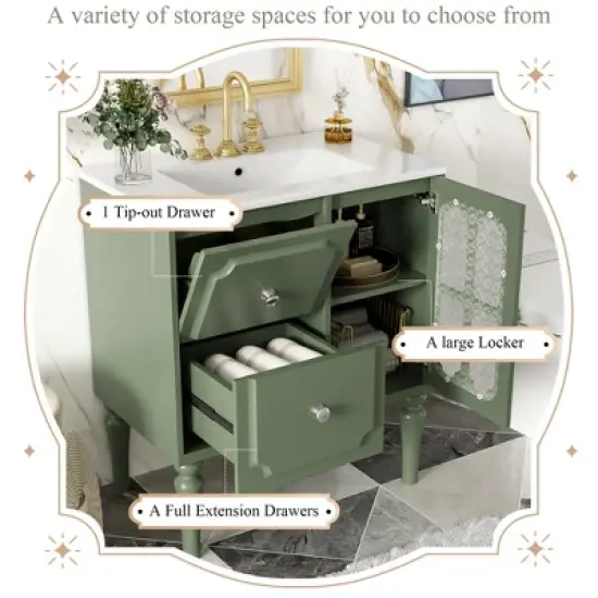 30'' Retro-Style Bathroom Vanity with Ceramic Sink, Freestanding Storage Cabinet with 2 Soft-Closing Drawers & Door, Green -ModernLuxe image {3}
