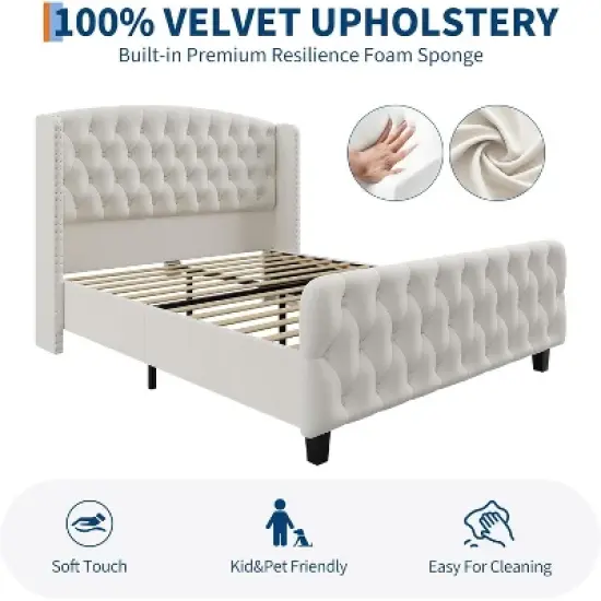 51" Tall Queen/King Size Velvet Upholstered Platform Bed Frame with Button Tufted Wingback Headboard & Footboard, No Box Spring Needed image {6}