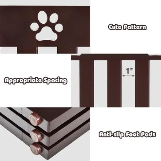 Costway 24'' Folding Wooden Freestanding Pet Gate Dog Gate W/360&deg; Hinge White/Espresso image {8}