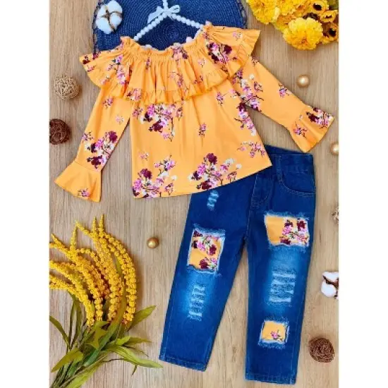 Girls Bloom Girl Patched Jeans Set - Mia Belle Girls image {3}