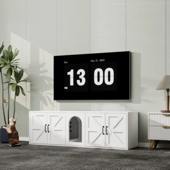 Chery Life White 59.05"L x 17.71"W x 18.89"H Modern Wooden Cat Box Furniture with Double Room, Giving Cats The Greatest Privacy Space image {5}