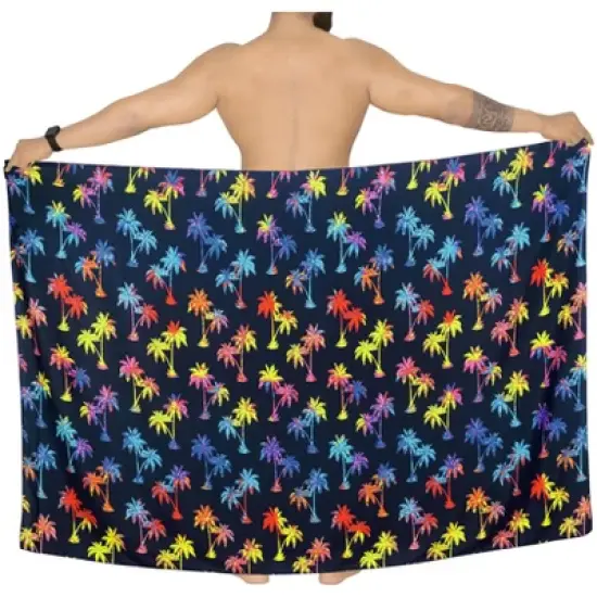 LA LEELA Men's Bath Trunk Swimsuits Summer Sarong Pareo Wrap One Size Palm Tree, Blue image {4}