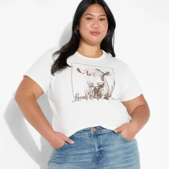 Women's Locals Only Cow Short Sleeve Shrunken Graphic T-Shirt - Off-White image {4}