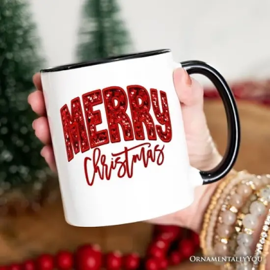 Merry Christmas Sequin Mug, Bold Red Glitter Gift for Festive Holiday Season (Non-Custom Only)| OrnamentallyYou image {2}