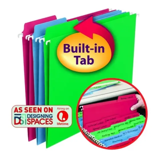 Smead FasTab  Hanging File Folder, 1/3-Cut Built-In Tab, Letter Size, Assorted Colors, 18 per Box (64053) image {9}