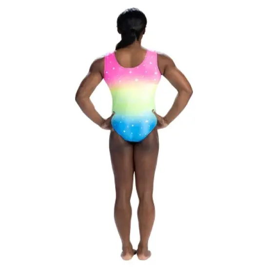 GK Elite Girls' Simone Biles Gradient Sparkle Leotard Pink/Green/Blue image {1}