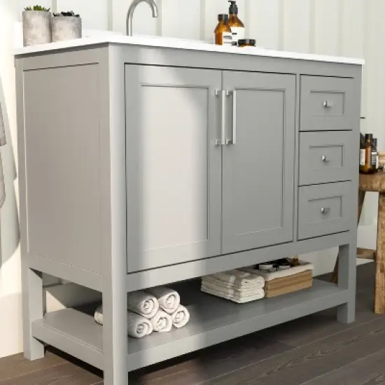 Merrick Lane Bathroom Vanity with Ceramic Sink, Carrara Marble Finish Countertop, Storage Cabinet with Soft Close Doors, Open Shelf and 3 Drawers image {4}