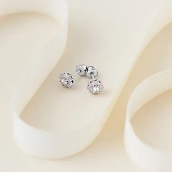 Girls' Pink & Clear Flower Screw Back Sterling Silver Earrings - In Season Jewelry image {3}