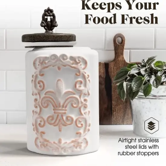 American Atelier 2-Piece Ceramic Canister Jar W/ Fleur De Lis Embossed Design & Airtight Stainless-steel Lid For Sugar, Flour, Coffee, & More, White image {4}