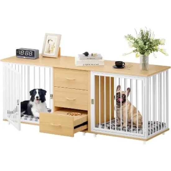 QuestaPack 74" Double Dog Crate Furniture with 2 Feeder Bowls image {6}