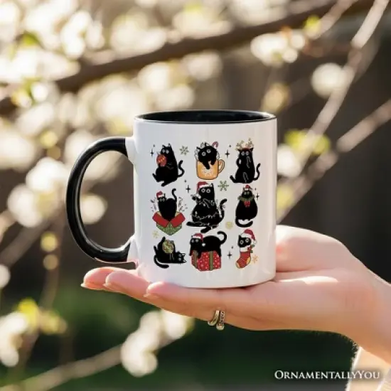 Christmas Black Cats Mug, Whimsical Cats with Santa Hat Gift (Non-Custom Only)| OrnamentallyYou image {2}