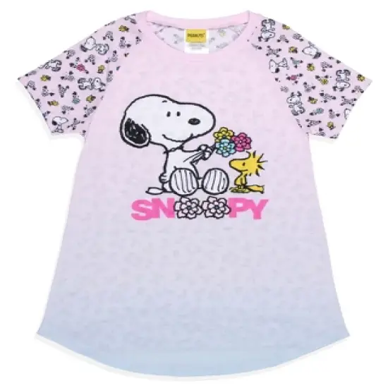 Girls' Peanuts Snoopy Woodstock Flowers Friends Nightgown Pajama Shirt Pink image {5}