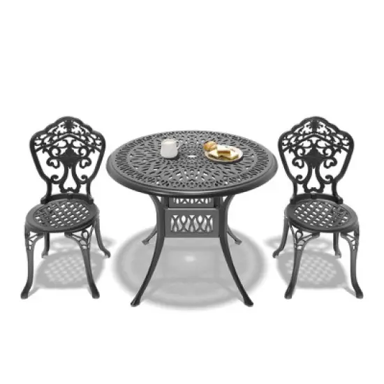 3-Piece Patio Set: Round Table & 2 Chairs - Cast Aluminum, All-Weather/Umbrella Hole & Adjustable Legs for Balcony/Backyard image {3}