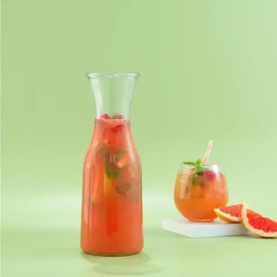 JoyJolt Hali Glass Carafe Bottle Water or Juice Pitcher with 6 Lids - 35 oz - Set of 4 image {5}