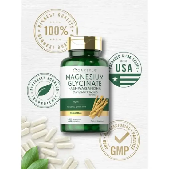 Carlyle Magnesium Glycinate with Ashwagandha | 2,740mg Complex | 120 Vegetarian Capsules image {5}