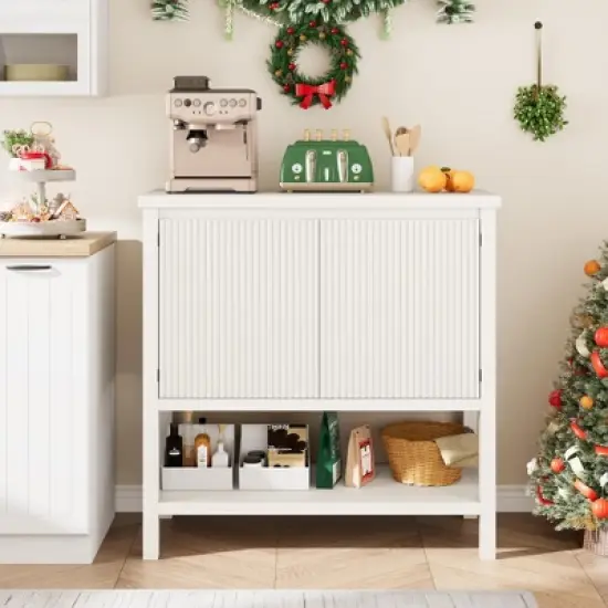 GustoWave Modern Console Table with Storage, White Entryway Cabinet with Wave Pattern Doors and Open Shelf, Wooden Buffet Sideboard Sofa Table image {3}