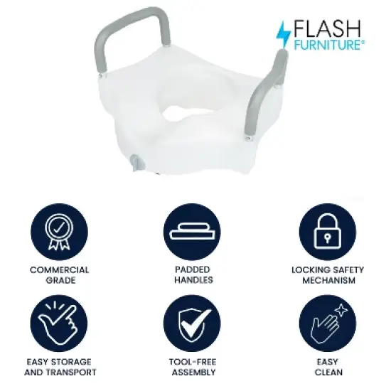 Flash Furniture HERCULES White Elevated Toilet Seat with Height Adjustable Padded Arms and Locking Safety Mechanism image {1}