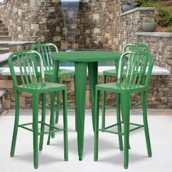 Emma and Oliver Commercial 30" Round Metal Indoor-Outdoor Bar Table Set & 4 Slat Back Stools image {1}