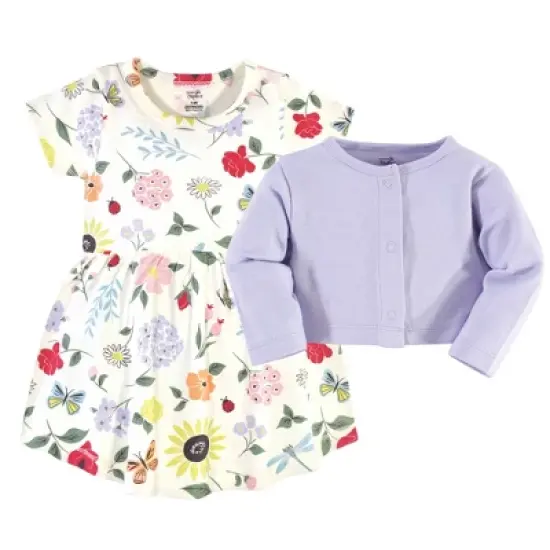 Touched by Nature Baby and Toddler Girl Organic Cotton Dress and Cardigan 2pc Set, Flutter Garden image {1}