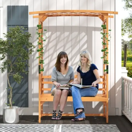 Tangkula Patio Arbor Garden Archway w/ Pergola Bench & Side Trellises for Climbing Plants Vines Grapes 2-Seat Wooden Outdoor Bench Backyard Decoration image {2}
