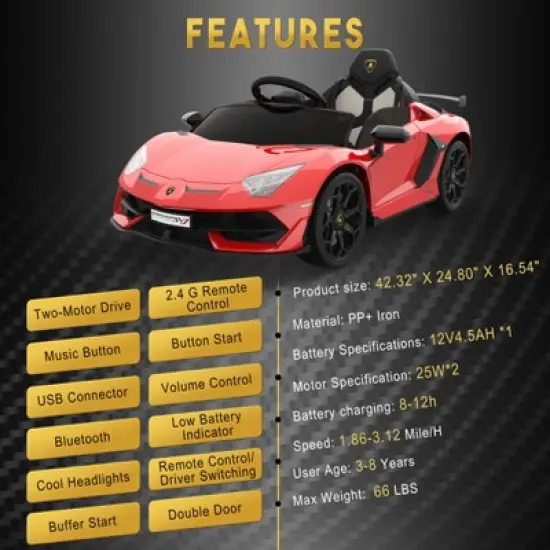 12V Licensed Lamborghini Ride-On Car Sports Car for Kids, Remote Control, LED Headlights, Hydraulic Doors, Seatbelt image {3}