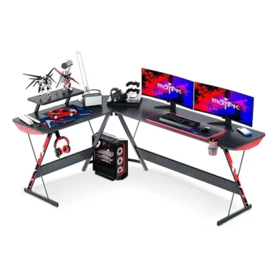 MOTPK L-Shaped Carbon Fiber Computer Gaming Desk with Raised Monitor Shelf, Built In Cup Holder, Headphone Hook, & Y-Shape Metal Frame image {6}