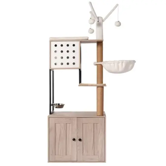 SEVOBAL Pet Tower All-in-One Cat Tree with Litter Box Enclosure, Featuring Hammock, Bed, Food Station, Scratching Posts, Beige, 29.53"*22.05"*6.5" image {5}