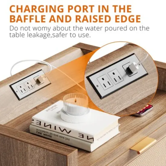 Night Stand Set of 2, Bedside Tables with Charging Station, Rattan End Tables, Boho Bed Side Tables, Wood Nightstands Set of 2 with Drawer image {4}