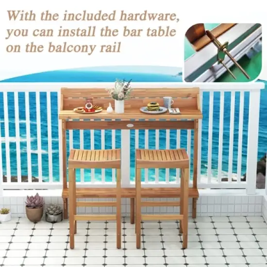 Tangkula 6 PCS Acacia Wood Balcony Table Set w/ Shelf Footrest Curved Wood Seat image {3}