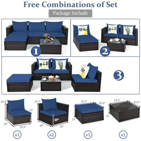 Tangkula 5PCS Cushioned Rattan Patio Conversation Set w/ Ottoman Navy Cushion image {8}
